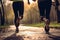 Sunrise Run: Close-Up of Two Runners\\\' Legs in the Park. created with Generative AI