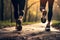 Sunrise Run: Close-Up of Two Runners\\\' Legs in the Park. created with Generative AI