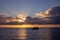 Sunrise sea landscape with wooden boat. Philippines travel photo of beautiful seaside. Early morning seascape sun