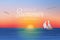 Sunrise in the sea with a sailboat and seagulls