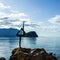 Sunrise seascape, old town Budva, Montenegro - ballerina statue