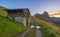 Sunrise at Seceda, Dolomites, Italy, Golden hues embrace the rugged landscape and meadows