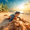 Sunrise Serenade: Baby Turtle on Beach (AI-Generated)