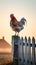 Sunrise Serenade: Rooster Crowing on Fence Post with Red Barn in Background