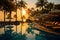 Sunrise serenity Palm tree, umbrella, pool in a luxury hotel