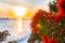 Sunrise shimmering over sea towards back-lit bright red pohutukawa flowers