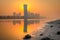 Sunrise Sky view background behind capital gate tower of Abu Dhabi