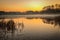 A sunrise on a small lake with fog and golden warm light.