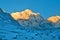 Sunrise in Snowy Mountain Landscape in Himalaya. Sun light. Annapurna South peak, Annapurna Base Camp Track.