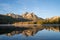 Sunrise at Stanley Lake with Sawtooth Mountains reflecting in the calm water