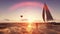 Sunrise summer scene, air balloon and yacht sailing