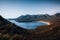 Sunrise Sunset Aerial view of Wineglass Bay beach and mount amos. Freycinet Park, Tasmania, Australia