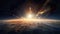 sunrise or sunset over planet Earth, clouds and atmosphere in rays of Sun, open space and stratosphere