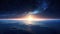 sunrise or sunset over planet Earth, clouds and atmosphere in rays of Sun, open space and stratosphere