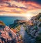 Sunrise time. Superb spring view of Milazzo cape. Colorful morning scene of Sicily, Italy, Europe. Amazing seascape of Mediterrane