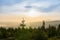 Sunrise with trees, distant hill and fog on Tristolicnik. Sumava National Park and Bavarian Forest, Czech republic and Germany