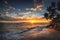 Sunrise on a tropical island. Palm trees on sandy beach.