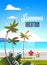 Sunrise tropical palm beach balls view summer vacation seaside sea ocean flat vertical lettering
