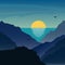 Sunrise under the sea in mountains. Beautiful landscape in flat style. Mountaineering and traveling illustration. Vacation