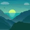 Sunrise under the sea in mountains. Beautiful landscape in flat style. Mountaineering and traveling vector illustration. Vacation