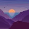 Sunrise under the sea in mountains. Beautiful landscape in flat style. Mountaineering and traveling vector illustration. Vacation