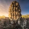 Sunrise view of ancient temple Bayon Angkor with stone faces Siem Reap, Cambodia