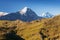 Sunrise view on Bernese range above Bachalpsee lake. Highest peaks Eiger, Jungfrau and Faulhorn in famous location. Switzerland