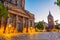 Sunrise view of Elisabethkirche and white tower in Nurnberg, Ger