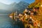 Sunrise view of famous Hallstatt mountain village with Hallstatter lake, Austria