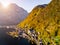 Sunrise view of famous Hallstatt mountain village with Hallstatter lake, Austria