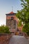 Sunrise view of Funfeckturm in German town Nurnberg