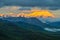 Sunrise view of Mount Denali - mt Mckinley peak with alpenglow during golden hour from Stony Dome overlook. Denali