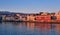 Sunrise view of Old Venetian harbour, Chania, Crete, Greece, its quay.Maritime museum of Crete in first sunrays. Cretan