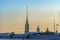 Sunrise view of Petropavlovskaya Peter and Paul fortress and orthodox Peter and Paul Cathedral on Zayachy Island