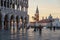 Sunrise view of piazza San Marco, Doge`s Palace Palazzo Ducale in Venice, Italy. Sunrise cityscape of Venice
