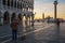 Sunrise view of piazza San Marco, Doge`s Palace Palazzo Ducale in Venice, Italy. Sunrise cityscape of Venice