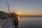 Sunrise view of Trabucco fishing house in Vieste, Italy