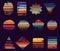 Sunrise vintage prints. Grunge sunset logo diverse shapes. Vintage california beach retro labels, 80s 90s surf beach t