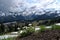 Sunrise Visitor Centre and parking lot in Mount Rainier National Park with wildflowers in alpine meadows in spring.