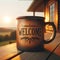 Sunrise Welcome: Cozy Coffee Mug on Porch