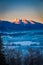 Sunrise in Zakopane with illuminated peak in winter, Tatra Mountain