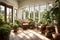 A sunroom filled with lush potted plants, wicker furniture, and large windows overlooking a serene garden