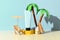 Sunscreen ad template, sunblock tube mockup on podium, decorated with miniature beach chair, palm tree and umbrella