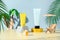 Sunscreen ad template, sunblock tube mockups on podiums, decorated with miniature beach chair, palm tree and umbrella