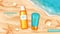 Sunscreen cosmetics on sea or ocean background
