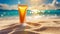 sunscreen cream on the beach, cream tube in sand, sea background