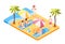 Sunscreen isometric composition with view of sandy beach with palms umbrellas and people applying sunblock creams vector