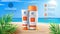 Sunscreen product. Summer beach landscape, ocean and sand, 3d cosmetic bottle, ad with sun and palm leaves, sunshine