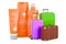 Sunscreen products with suitcases, 3D rendering