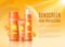 Sunscreen skin protection ad poster mockup with orange cosmetic bottles